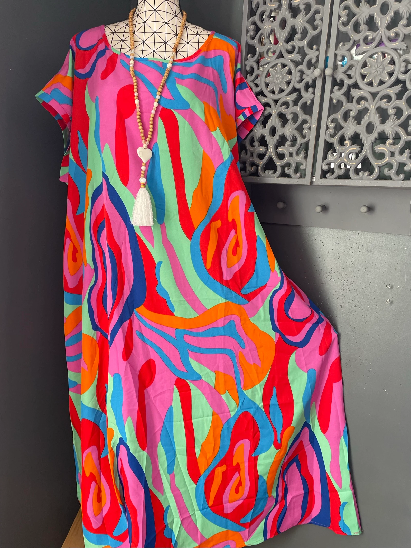 💖 abstracte veelkleurige lange jurk grote maat 58 vloeiende bohemien oversized kleurrijk 💖 – photo 2